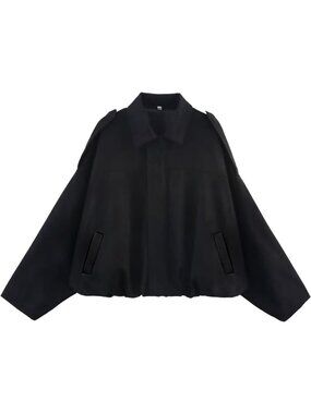 Women's Black Faux Suede Batwing Sleeve Oversized Cropped Bomber Jacket